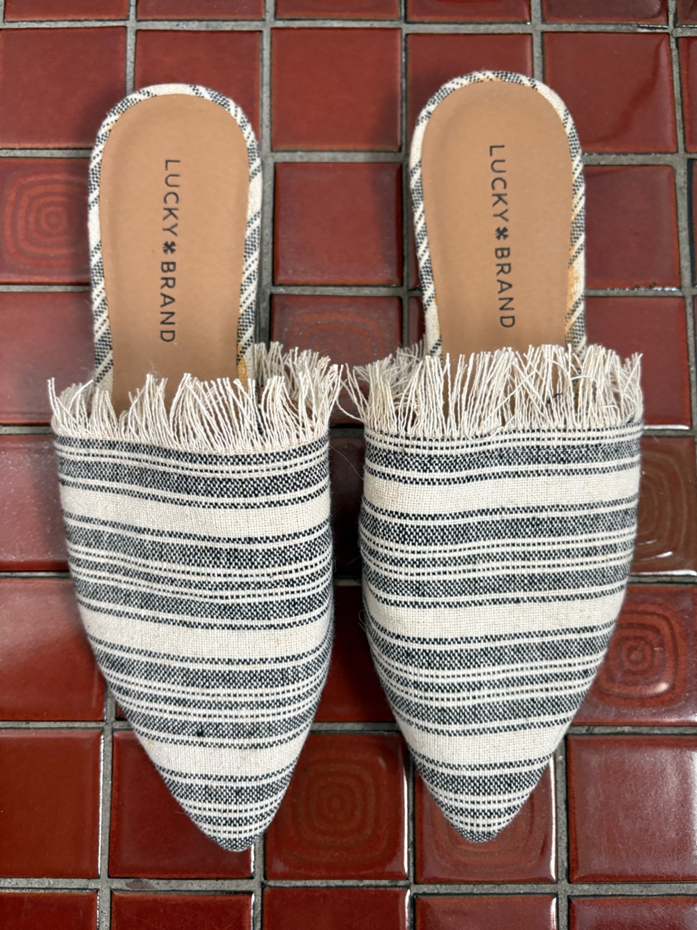 Lucky Brand Black and Cream Striped Fringe Mules